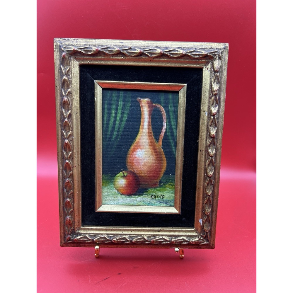 Vintage Small Still Life Fruit Oil Painting on Wood Board by Bache 9.5"x 7.5"
